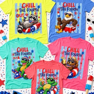 Chill The Fourth Out PNG Bundle, Patriotic Fun Pool Animal Shirt Designs, Raccoon Eagle Gator Frog Sublimation Digital Download Pack Set