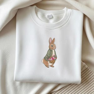 Vintage Bunny in Green Jacket with Flower Basket Machine Embroidery Design, Classic Storybook Rabbit Embroidery File, Spring Garden Art
