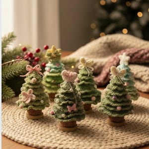 Peut inclure: Plusieurs arbres de Noël en crochet faits à la main, dans différentes nuances de vert, ornés de nœuds roses, de papillons et de perles. Chaque arbre est posé sur une petite base en bois, disposés sur un tapis tissé, créant une ambiance festive.
