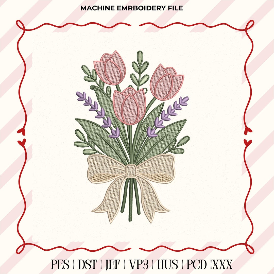 Pink Tulip and Lavender Bouquet With Bow Machine Embroidery File ...