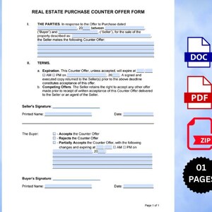 Può includere: Modulo di controfferta di acquisto immobiliare. Il documento include sezioni per le parti, i termini e le firme. Vengono visualizzate icone per file DOC, PDF e ZIP. Il modulo è di una pagina.