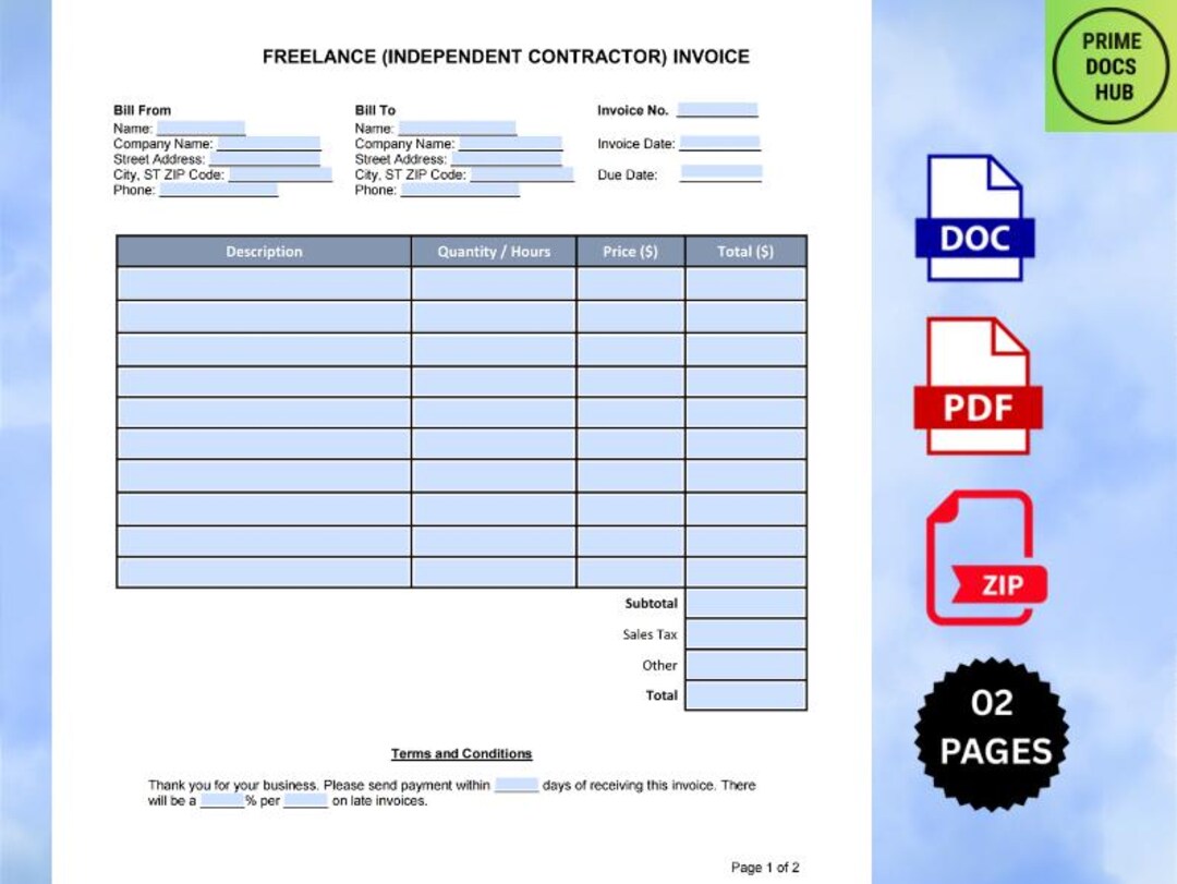 Freelancer Invoice Template: Editable Billing Form (word, Excel, PDF ...