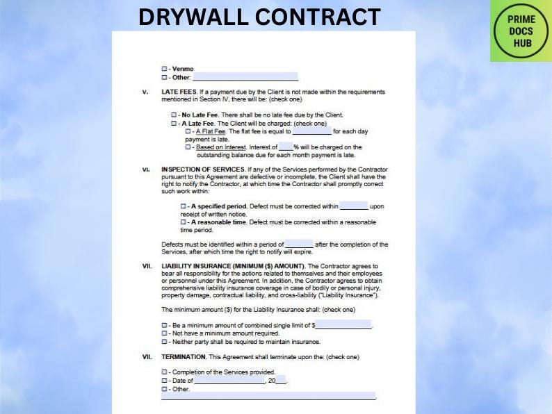 Editable Drywall Contract Template: Professional Service Agreement (PDF ...