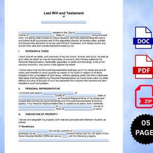 May include: A legal document titled "Last Will and Testament" with fillable fields. Includes icons for DOC, PDF, and ZIP file formats, along with a "05 PAGES" badge. The document is against a blue and white gradient background.