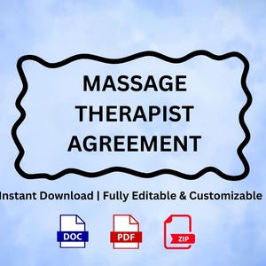 May include: A digital document titled "MASSAGE THERAPIST AGREEMENT" on a blue and white background. The text is inside a black wavy-edged shape. Below the text are three file icons: DOC, PDF, and ZIP. A green circle with "PRIME DOCS HUB" is in the upper right.