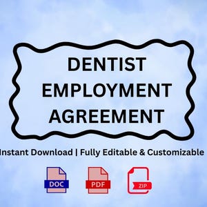 Könnte beinhalten: Ein digitales Dokument mit dem Titel „DENTIST EMPLOYMENT AGREEMENT“ in fetter schwarzer Schrift, umrahmt von einem wellenförmigen schwarzen Rand, vor einem hellblauen Himmelshintergrund. Darunter steht „Sofortiger Download | Vollständig bearbeitbar und anpassbar“. Symbole für DOC-, PDF- und ZIP-Dateien sind ebenfalls vorhanden.