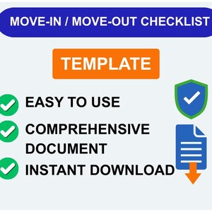 Könnte beinhalten: Digitale Vorlage für eine Checkliste zum Ein- und Auszug. Das Design zeigt Text in einer serifenlosen Schriftart, mit den Worten "MOVE-IN / MOVE-OUT CHECKLIST" in einem blauen Oval und "TEMPLATE" in einem orangefarbenen Rechteck. Symbole und Häkchen sind ebenfalls enthalten.