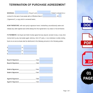 May include: A white document titled "TERMINATION OF PURCHASE AGREEMENT" with fillable fields for buyer, seller, and dates. Includes DOC, PDF, and ZIP file icons, and a "01 PAGES" graphic.