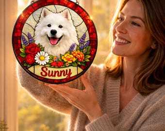 Anpassad solfångare i målat glas för husdjursporträtt, 25 cm stor glasfönsterhängande, personlig minnesgåva för hund och katt, regnbågsbroprydnad