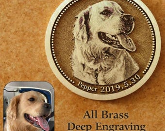 Engraved Pet Portrait Tag, Solid Brass Custom Dog ID, Personalized Cat Collar