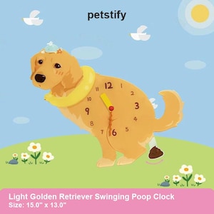 May include: A light golden retriever-shaped clock with a yellow collar and a poop graphic. The clock has black numbers and yellow hands. The clock is 15.0 inches by 13.0 inches.