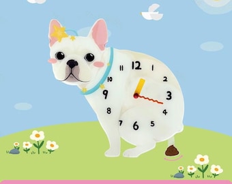 Creme Französische Bulldogge Swinging Poop Uhr, schrulliges Hundeliebhaber Dekor