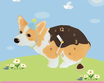 Petstify Corgi Shiba French Bulldog Acrylic Wall Clock, Swinging Poop Pendulum