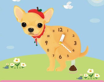 Reloj de pared con forma de perro, péndulo con forma de excremento oscilante, decoración acrílica de chihuahua