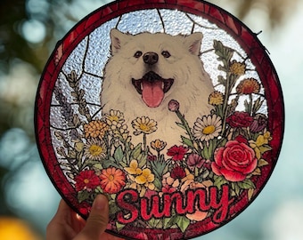 Custom Stained Glass Pet Portrait Suncatcher, 10" Large Glass Window Hanging, Personalized Dog Cat Memorial Gift, Rainbow Bridge Ornament