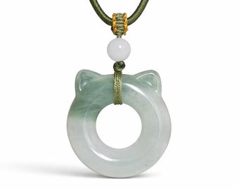 Natural Green Jade Cat Donut Pendant, Hand Carved Amulet, Chinese Style Lucky Charm Necklace