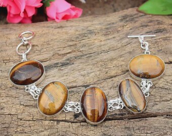 Tiger Eye Gemstone Bracelet, 925 Sterling Silver, Handmade Jewelry