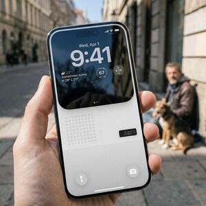 May include: A black smartphone displaying the time as 9:41 AM on Wednesday, April 1st. The screen shows weather conditions, including a temperature of 22 degrees Celsius. The phone is held in a hand, with a blurred outdoor background.