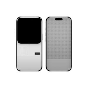 May include: Two white smartphones, one with a black screen and a white patterned section, the other with a gray dotted pattern. Both phones have a silver frame and a black camera area at the top.