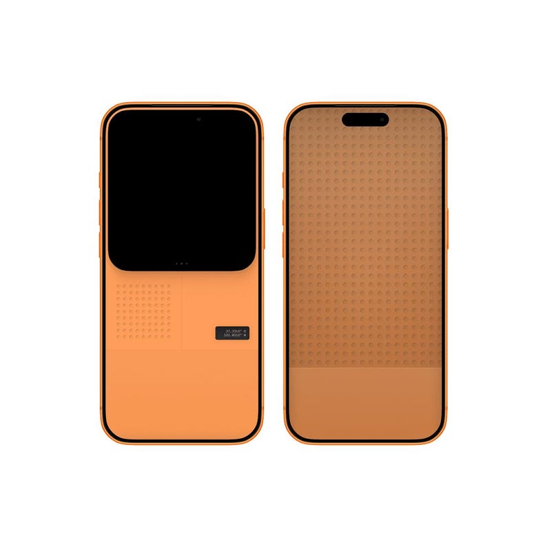 May include: Two orange smartphones, one displaying a black screen, the other showing the back with a dotted pattern. The phones have a rectangular shape with rounded corners. The front phone has a small rectangular label.