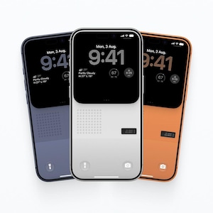 May include: Three smartphones displayed side-by-side, each featuring a digital lock screen showing the time 9:41, the date Mon, 3 Aug, weather information, and small circular icons. The phones have dark blue, white, and orange frames respectively.