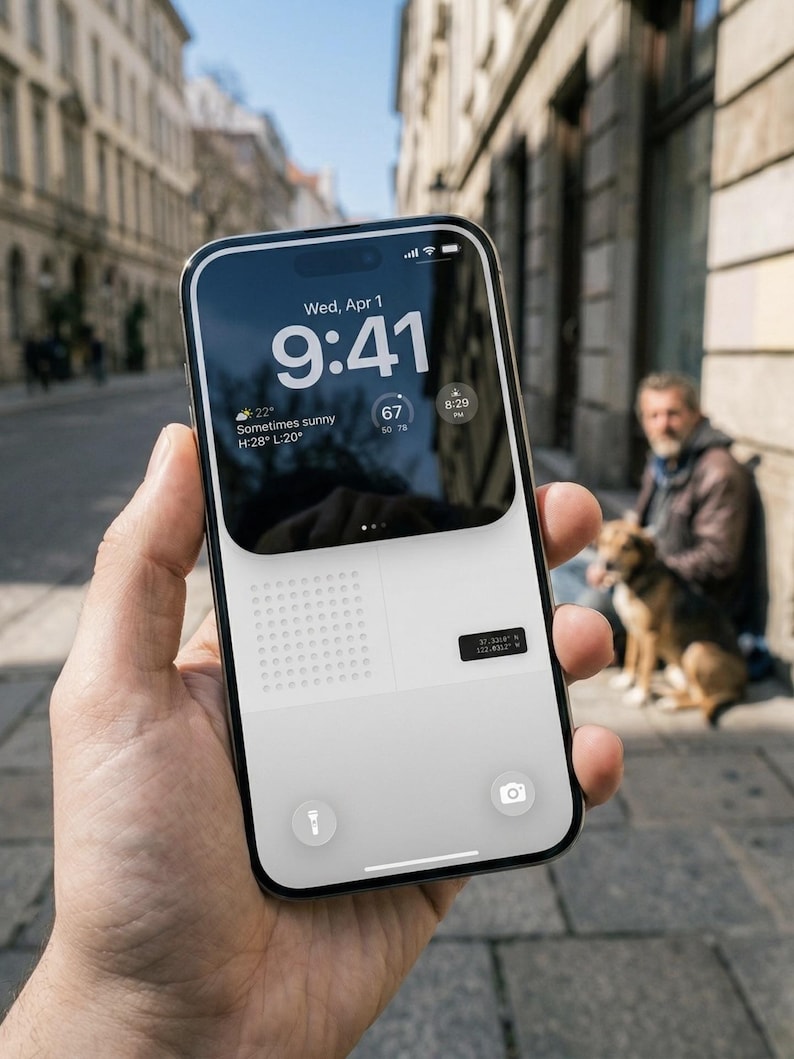 May include: A black smartphone displaying the time as 9:41 AM on Wednesday, April 1st. The screen shows weather conditions, including a temperature of 22 degrees Celsius. The phone is held in a hand, with a blurred outdoor background.