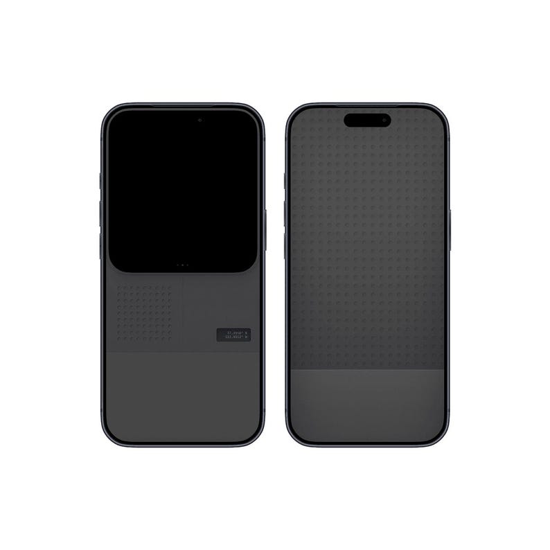 May include: Two black smartphones, one displaying a blank screen and the other showing a dotted pattern. The phones have a dark gray lower section and a small rectangular display with text. The phones are set against a white background.