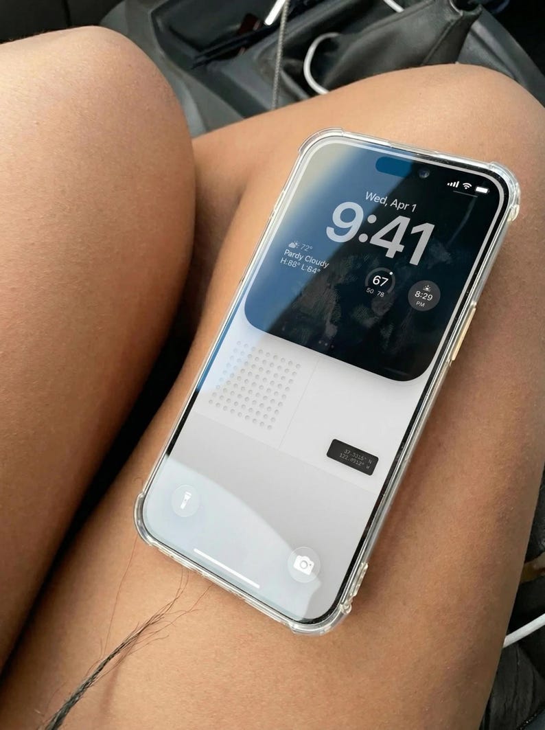 May include: A smartphone with a clear protective case displays the time as 9:41 AM on Wednesday, April 1st. The screen shows a weather forecast of partly cloudy with a high of 88 degrees Fahrenheit and a low of 64 degrees Fahrenheit.