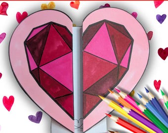 Lavoretto di San Valentino a forma di cuore per bambini, attività di colorazione e scrittura per la festa della mamma, attività stampabile per la classe di febbraio e maggio, idea per un lavoretto a forma di cuore pieghevole.