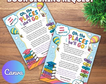 Pedido de autógrafos do livro "Oh, The Places He/She’ll Go" para professores, lembrança de formatura do final do ano letivo para crianças, encarte editável para livro de memórias de professores.
