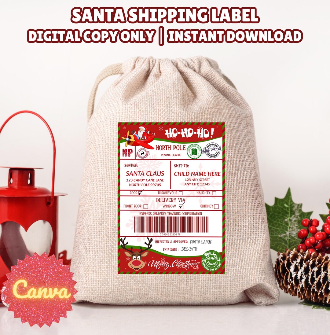 Editable Santa Shipping Label Template, North Pole Delivery Tag, Santa