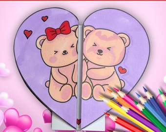 Printable Valentine's Day Mother's Day Folding Cards, Beary Craft Kids, Flip Open Heart Card Printable, Preschool & Kindergarten Activity