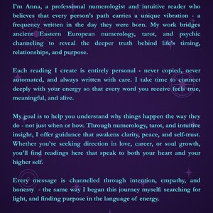 May include: A purple graphic with the text "About me" and a description of numerology services. The text describes the author's work in numerology, tarot, and psychic channeling to reveal life's timing and purpose.