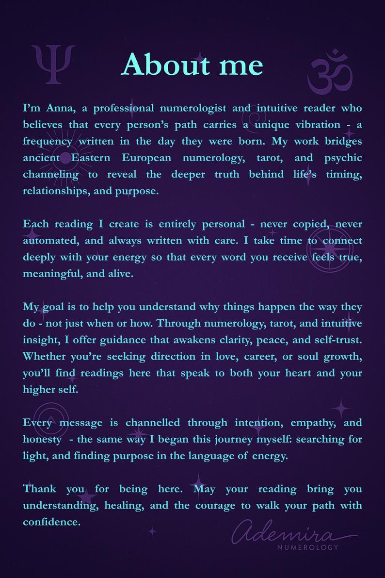 May include: A purple graphic with the text "About me" and a description of numerology services. The text describes the author's work in numerology, tarot, and psychic channeling to reveal life's timing and purpose.
