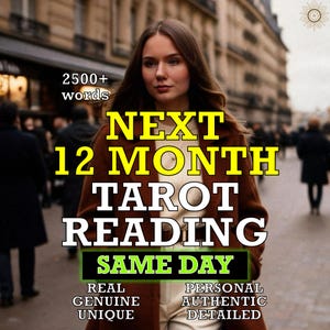 May include: Image features a woman in a brown coat with text overlay. The text reads "NEXT 12 MONTH TAROT READING SAME DAY" with additional text below: "REAL GENUINE UNIQUE PERSONAL AUTHENTIC DETAILED". The background is a blurred city street.