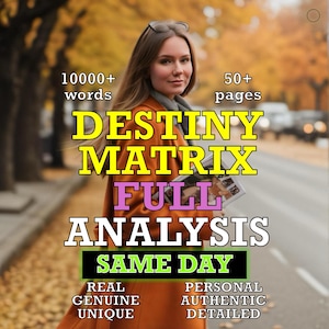 Op de afbeelding: Afbeelding toont een vrouw in een oranje jas met tekst. De tekst luidt "DESTINY MATRIX FULL ANALYSIS SAME DAY" met "10000+ woorden" en "50+ pagina's". Andere tekst omvat "REAL GENUINE UNIQUE" en "PERSONAL AUTHENTIC DETAILED".