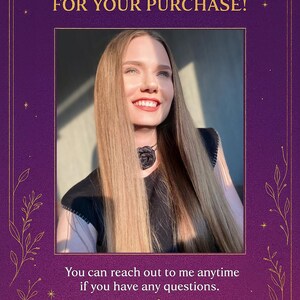 May include: A purple and gold graphic with the text "THANK YOU FOR YOUR PURCHASE!" and a photo of a smiling woman with long blonde hair. The text "You can reach out to me anytime if you have any questions. Ademira Numerology" is also included.