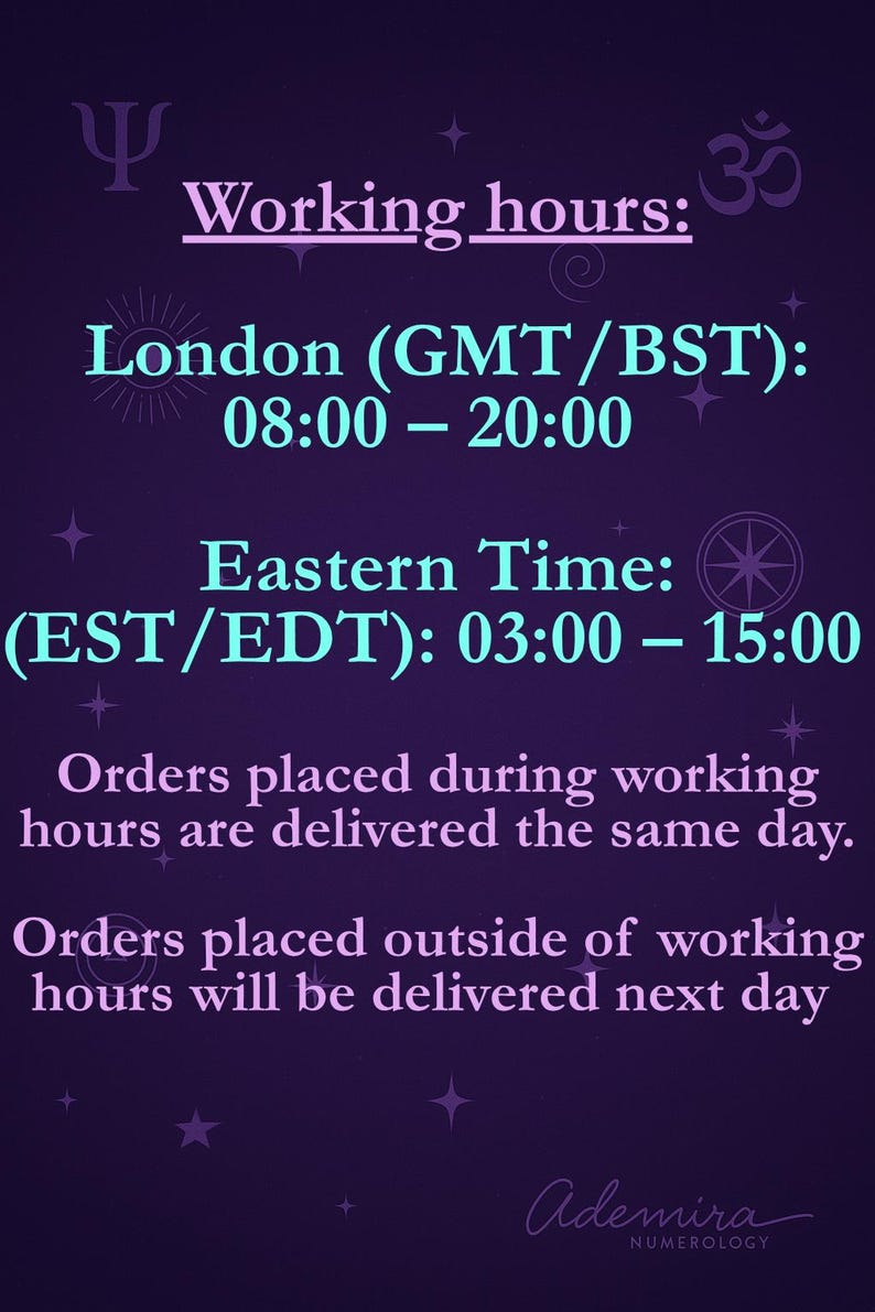 May include: A purple graphic with white and teal text detailing working hours in London and Eastern Time. The text also states that orders placed during working hours are delivered the same day.