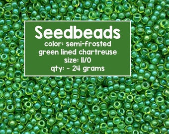 Size 11/0 Japanese Miyuki Seedbeads, Semi-Frosted Green-Lined Chartreuse, Code # 11-1926