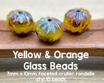 Yellow & Orange Faceted Cruller Rondelle Glass Beads, 7x10mm, 10 Beads