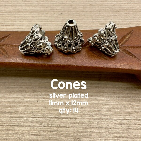 Silver Plated Filigree Cones for Beaded Jewelry Making, 11mm x 12mm, 14 Pieces, End Caps for Necklaces and Bracelets