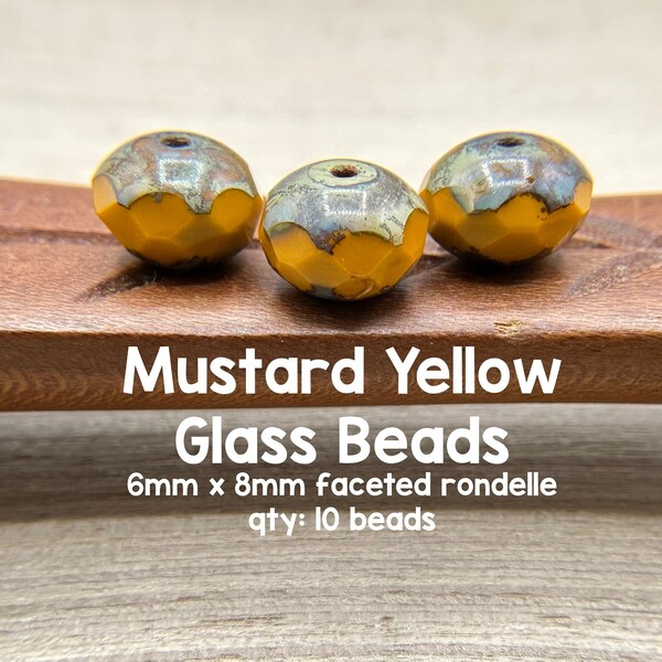 Faceted Rondelle Glass Beads, 6x8mm, Mustard Yellow, 10 Beads