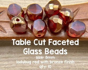 8mm Table Cut Faceted Czech Glass Beads, Ruby and Ladybug Red With a Bronze Finish, 10 Beads