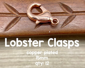Copper Plated Lobster Clasps, 15mm, 12 Pieces