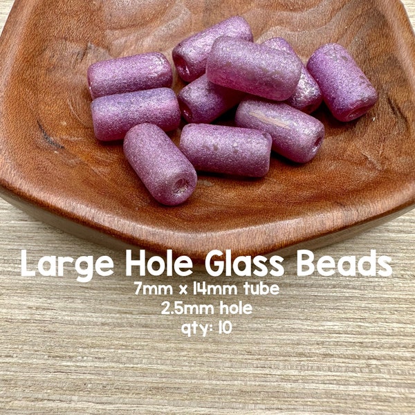 Large Hole Glass Beads, 7mm x 14mm Tube with 2.5mm Hole, Pink and Purple Frosted, 10 Pieces