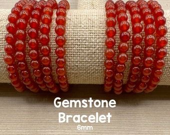 Carnelian Gemstone Beaded Bracelet on Elastic, 6mm Round Carnelian Beads, Ready to Wear or Use for Jewelry, 7" Strand
