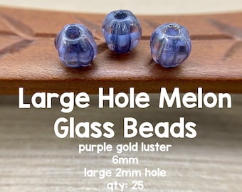 Purple Gold Luster Glass Beads, Large Hole Melon Beads (25 Pieces)