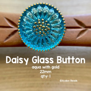 Daisy Glass Button, Aqua with Gold, 22mm