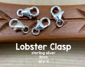 Sterling Silver Lobster Clasps, 8mm, 4 Pieces