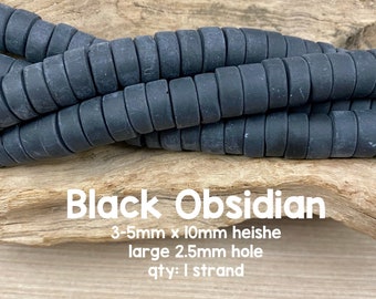 Large Hole Black Obsidian Gemstone Beads, 3mm-5mm x 10mm Matte Heishe, 8" Strand